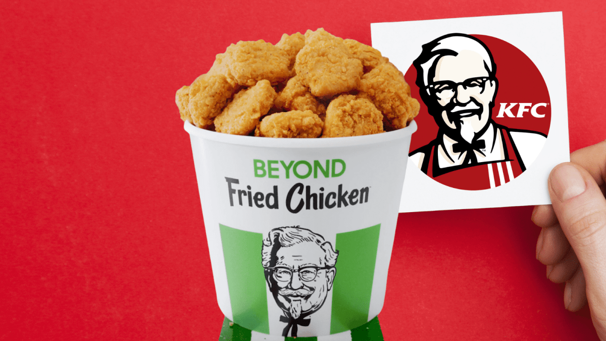 meat-free Beyond Fried Chicken pieces in green KFC bucket