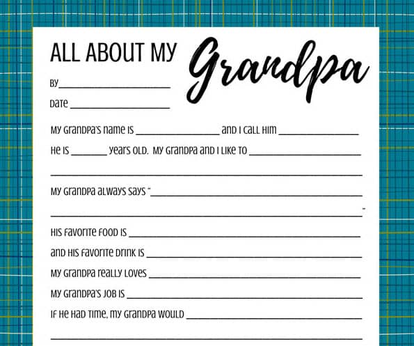 A close up of the All about my Grandpa printable on a white background