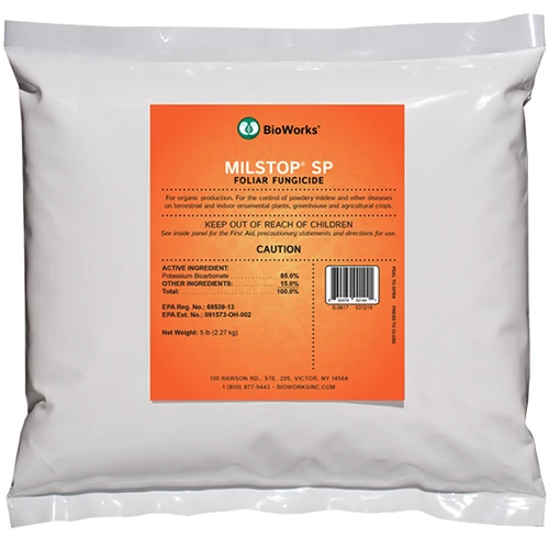 A close up of a bag of MilStop SP foliar fungicide isolated on a white background.