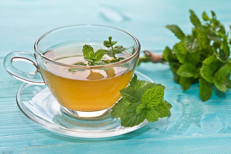 A close up of a glass tea cup on a glass saucer containing mint tea with fresh herbs to the right of the frame, on a bright blue surface.