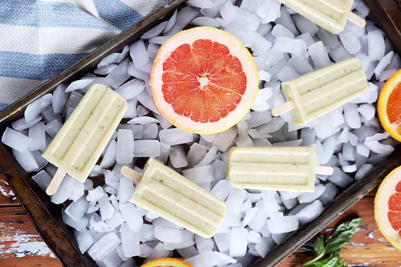 A horizontal image of a tray filled with ice topped with homemade creamsicles and half a grapefruit set on a wooden surface.