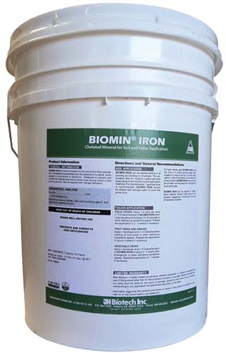 A close up vertical image of a white bucket of Biomin Iron pictured on a white background.