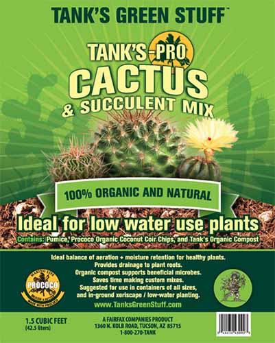 A close up of the packaging of Tank\'s-Pro Cactus and Succulent Mix isolated on a white background.