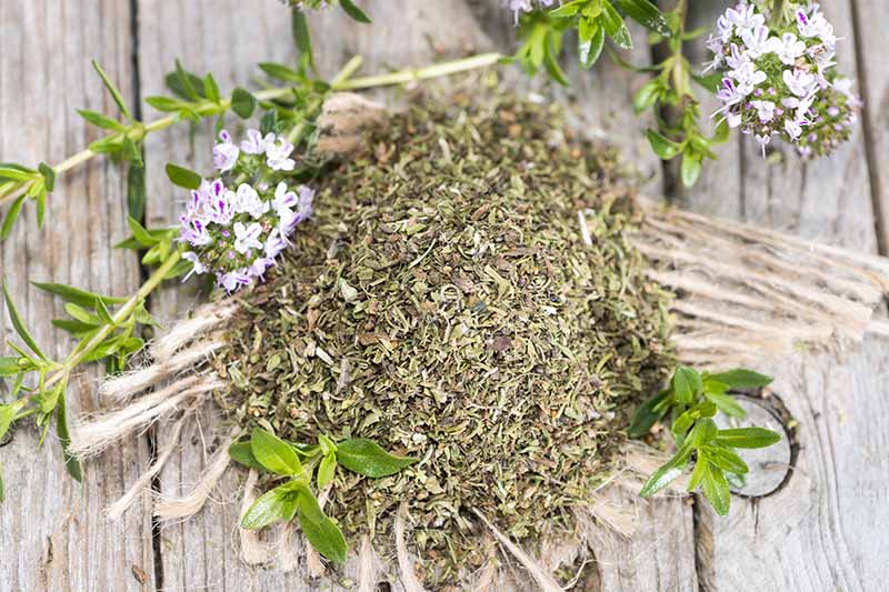 A top down close up picture of a pile of dried winter savory leaves, scattered with some fresh ones and some tiny pink and white flowers on a rustic mat. The background is a wooden table.