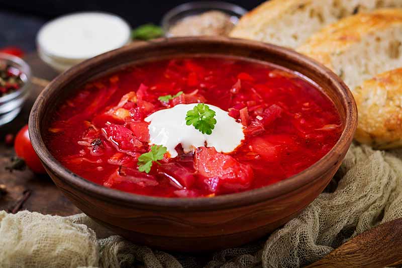 A close up of a wooden bowl with borscht the traditional Eastern European soup. Made from beets the liquid is a deep red color with a dollop of cream and herbs on the top. The background is rustic woven fabric and freshly sliced bread.