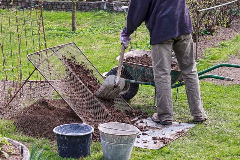 A man digging garden soil out of a wheelbarrow and sieving it through a metal grid to remove clumps and stones. In the background is a garden scene.