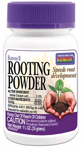 A vertical image of a purple and white bottle of Bonide\'s IBA rooting powder.