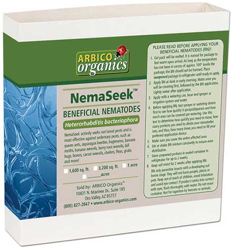 A close up of the packaging of NemaSeek Beneficial Nematodes isolated on a white background.