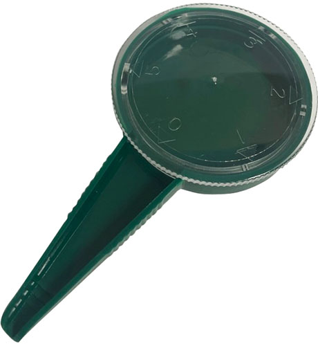 A square product photo of a dark green seed sowing tool.
