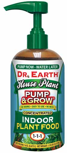 A vertical product photo of a container of Dr. Earth\' House Plant Pump&Grow fertilizer.