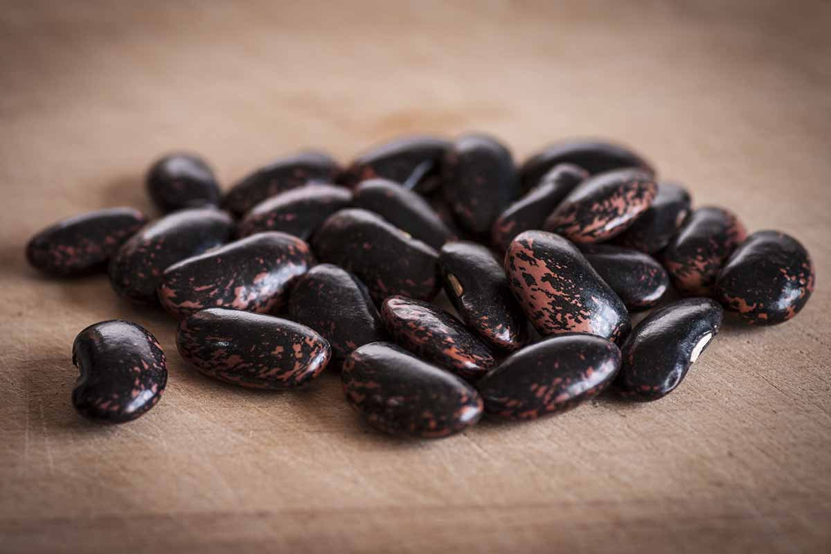 A close up horizontal image of a pile of \'Celebration\' runner beans set on a wooden surface.