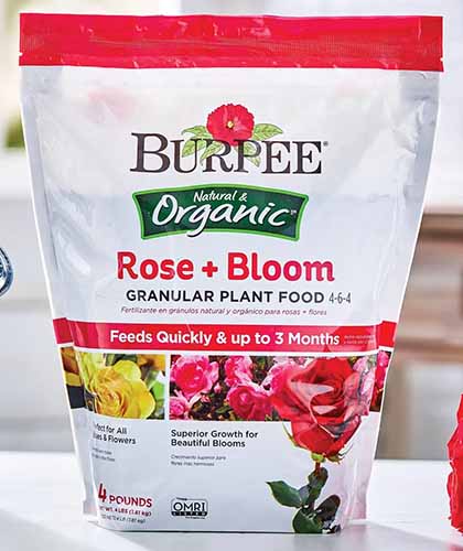 A close up of a bag of Burpee\'s Natural and Organic Rose and Bloom Granular Plant Food set on a white surface indoors.