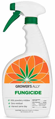 A close up of a bottle of Grower\'s Ally Fungicide isolated on a white background.