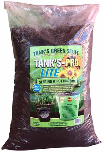 A vertical product photo of a bag of Tank\'s Pro-Lite Potting Mix.